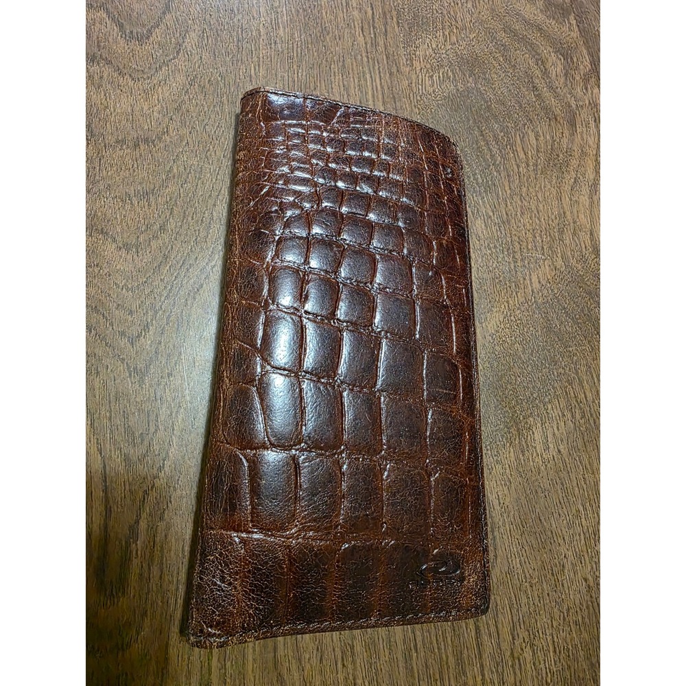 Mens Brown Top Grain Leather Crocodile Embossed Long Bifold Wallet ID Window